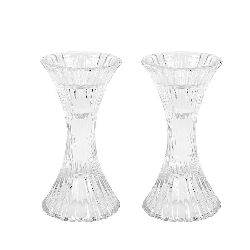 2 Clear 5 in Hour Glass Reversible Pillar and Taper Candle Holders 5″,