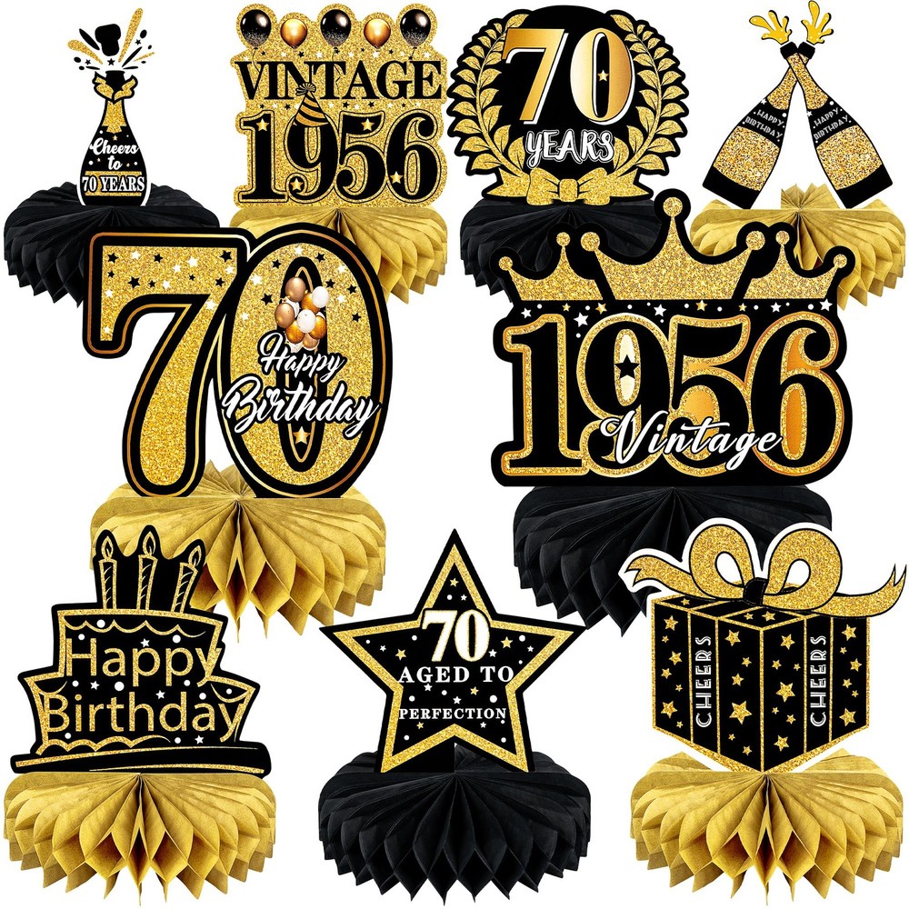 9 Pcs 70th Birthday Decoration for Men Women Happy 70th, 70th-black and Gold