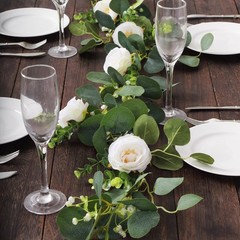 5.5 ft Green White Eucalyptus Leaves Garland Silk Rose Flower Heads Party Events