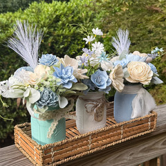 Sola Wood Dusty Blue Wedding Floral Table Centerpieces Set of 3 Mason Jar Decor