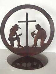Laser Cut Steel Western Wedding Cake Top, Cowboy Couple Kneeling Prayer