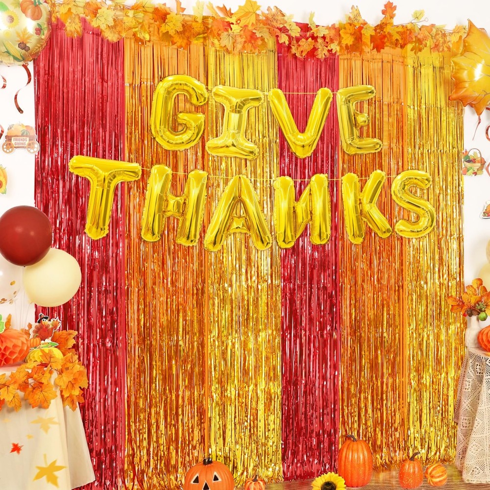 Thanksgiving Foil Fringe Curtains with Balloons, 2 Pack 3.3×6.6ft Thanksgivin…