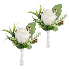 2pcs Boutonniere for Men Wedding, Groom Groomsman Artificial White Rose Flowe…