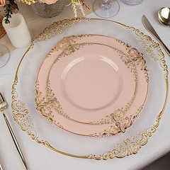 10 BLUSH GOLD 8″ Round Plastic Salad Dinner PLATES Embossed Baroque Rim Party