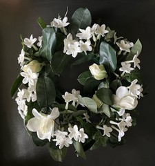 Stephanotis & White Rose Candle Rings, Dk Green Leaves-10″Dia . Set Of 14
