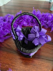 BLACK & PURPLE RING BEARER PILLOW & FLOWER GIRL BASKET w/ 2 PURPLE FEATHER BOAS