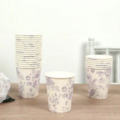 24 WHITE LAVENDER 9 oz Disposable PAPER CUPS French Toile Pattern Party Supplies