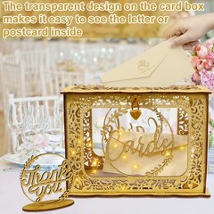 Glitter Wooden Gold Wedding Gift Card Money Box With Heart Lock String Light
