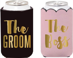 Set of 2 Insulated Can Koozie Cover for Weddings The Groom & The Boss (Bride)