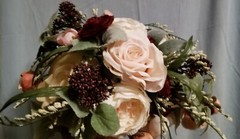Bridal Bouquet Spray Peonies Roses Burgundy Peach White Sateen Wrapped Stems