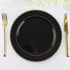10 Black 10″ Round Plastic Salad Plates Gold 3D Dotted Rim Events Decorations