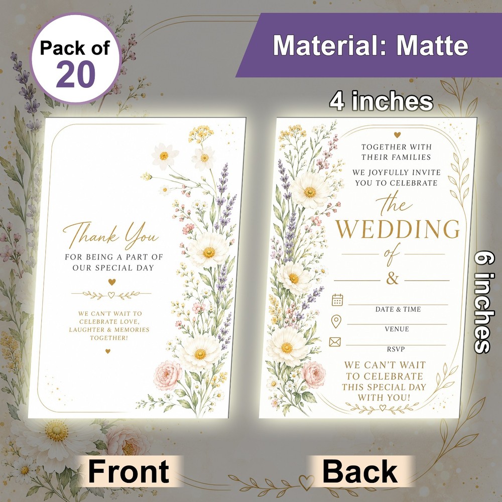 Wedding Invitation Template Elegant Floral Wildflower 4×6 Inches 20 Pieces