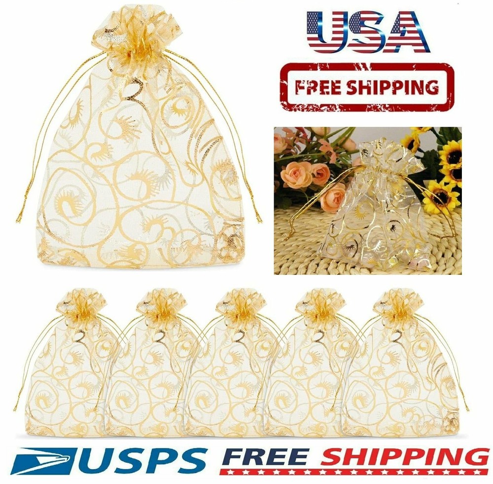 50Pcs Gold Organza Wedding Party Favor Gift Jewelry Holiday Candy Sheer Bags USA
