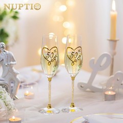 NUPTIO 50th Anniversary Champagne Flutes: Set of 2 Gold Crystal Toasting Glas…