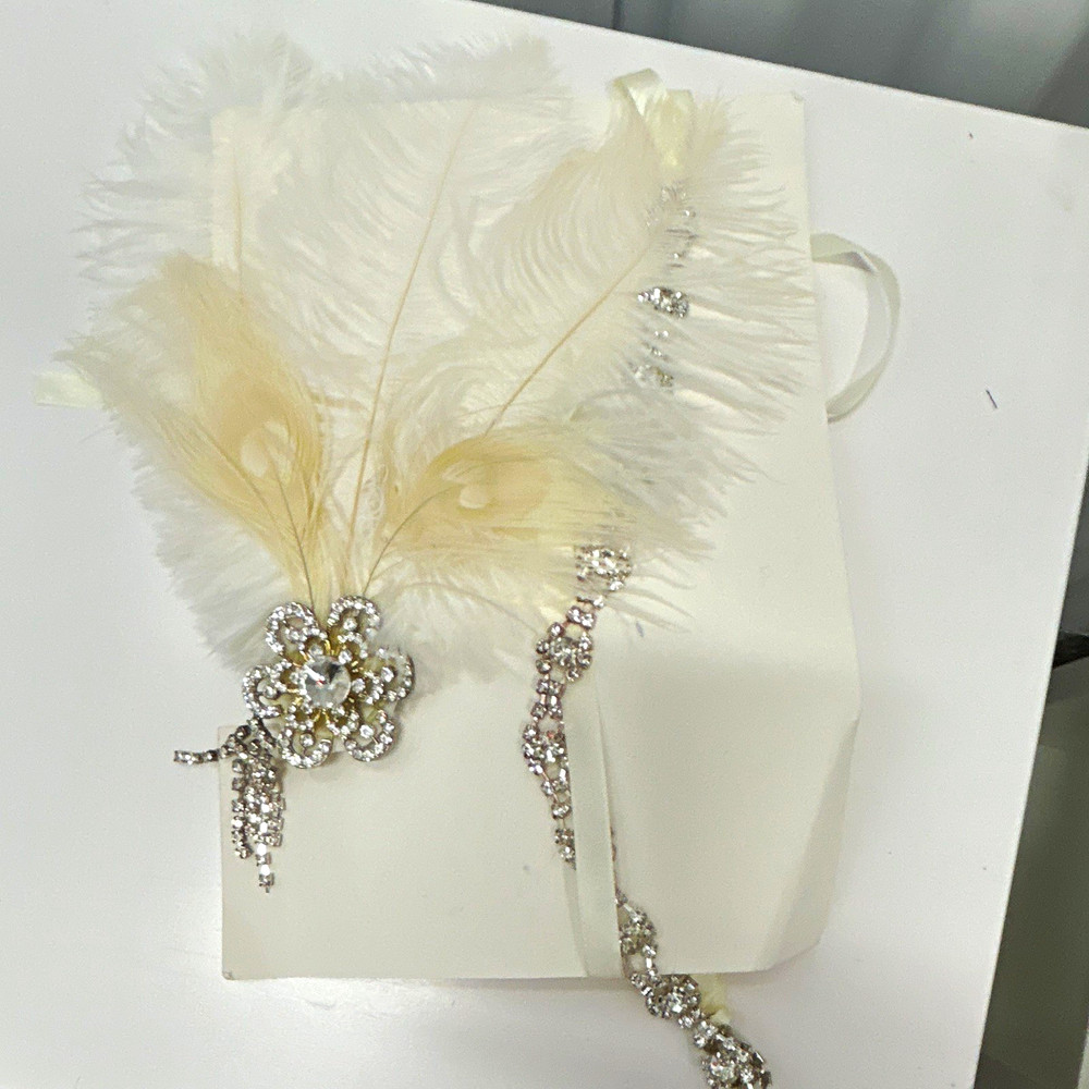 Handmade White Wedding Guest Book Art Deco Style Feather & Rhinestone Ribbon