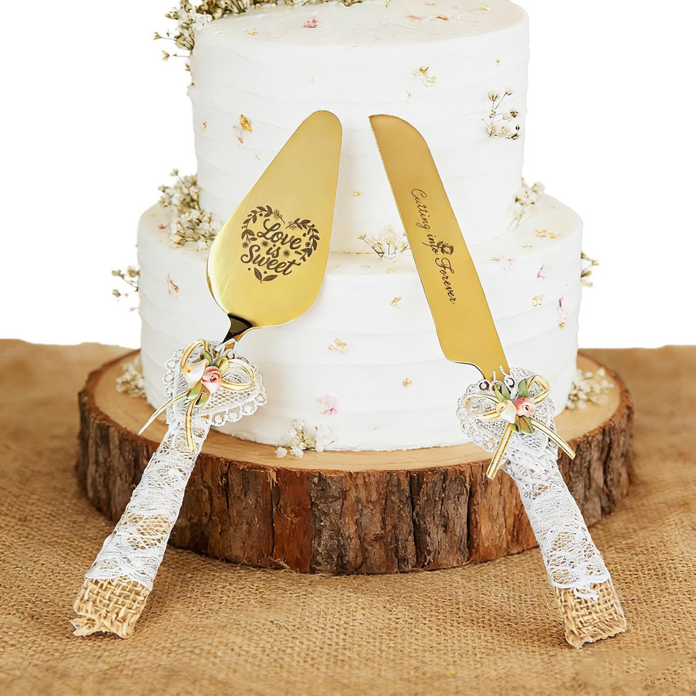 Wedding Cake Knife and Server Set – 10.83″ Serrated Knife & 9.84″ Server with Ru
