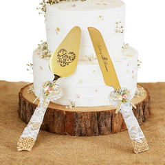 Wedding Cake Knife and Server Set – 10.83″ Serrated Knife & 9.84″ Server with Ru