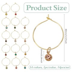 14Pcs 14 Colors Golden Wine Glass Charm, Flat Round Wine Glass Charm,