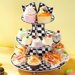 Racing Car 3 Tier Cupcake Stand Black White Checkered Dessert Display Tower