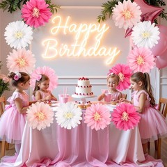 Daisy Tissue Paper Pom Poms, Wildflower Party Decorations, 14 inches, pink