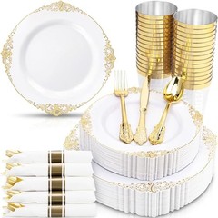 3PCS Plastic Plates – Plastic Dinnerware Sets for Guests – 100 50 Gold