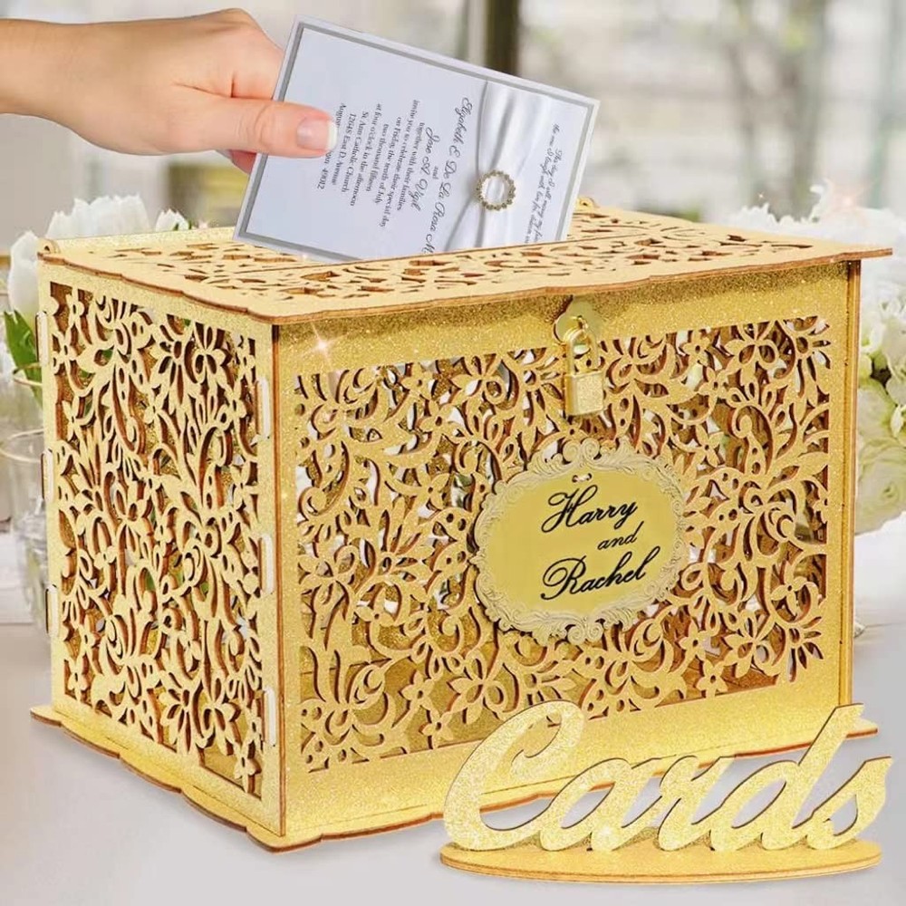 Gold Wedding Card Box with Lock Glitter Wooden Gift Card Holder for Reception