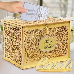 Gold Wedding Card Box with Lock Glitter Wooden Gift Card Holder for Reception