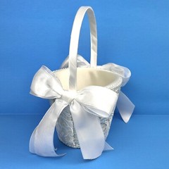 White Flower Girl Wedding Small Basket Lace~Padded~Ribbons Special Occasion