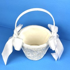 White Flower Girl Wedding Small Basket Lace~Padded~Ribbons Special Occasion