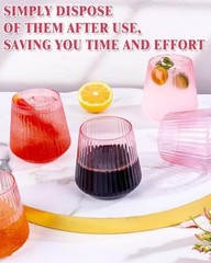 30 Pack Pink Plastic Ribbed Wine Glasses, 12 OZ Origami Stemless Disposable