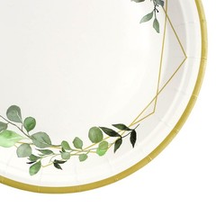 24 White 9″ Round Paper Plates Eucalyptus Geometric Gold Rim Design Party Events