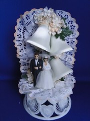 New Vintage Bride & Groom with peach trimmed Arch & bells Wedding CakeTop #187