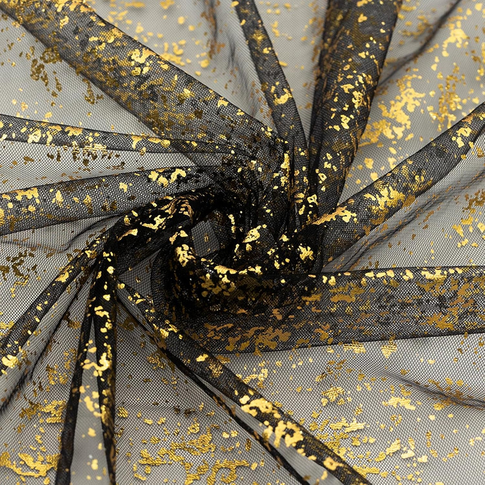 Glitter Tulle Fabric, Black Gold Glitter Metallic Foil Sheer Netting Sparkly Fab