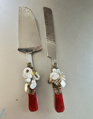 Wedding 2-Piece Cake Knife & Server Set Metal Hammered Silver Red/White Gold