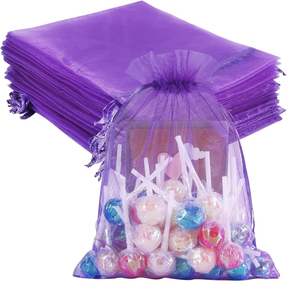 100 Bolsas De Organza 6 X 9 Pulgadas, Purpura Cordon De Regalo De Malla Grande