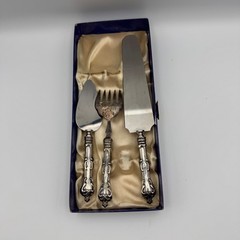 Vintage Ornate Silver Plated 3pc Cake Pie Serving Set Stainless Steel Blades Box