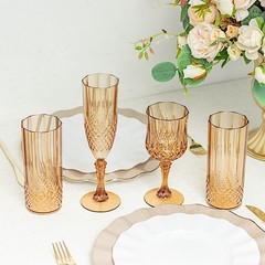 6 Amber Gold 14 oz Crystal Plastic Drinking Glasses Party Events Tableware