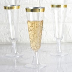 5 oz Plastic CLEAR Gold Rim Champagne Disposable Glasses Party Wedding Catering