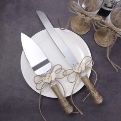 4 Pcs Set Rustic-Style Wedding Cake Knife and Server Set with Champagne Glasses