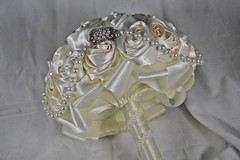 Handmade Satin Rose Ribbon Wedding Bouquet Artificial Bridal Pearls Beads Ivory