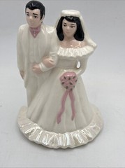 Vtg 1950’s Wedding Cake Topper 7” Bride & Groom Ceramic Iridescent Dress Pink