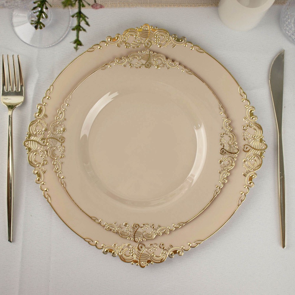 10 TAUPE GOLD 8″ Round Plastic Salad Dinner PLATES Embossed Baroque Rim Party