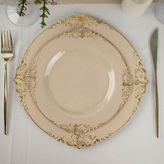 10 TAUPE GOLD 8″ Round Plastic Salad Dinner PLATES Embossed Baroque Rim Party