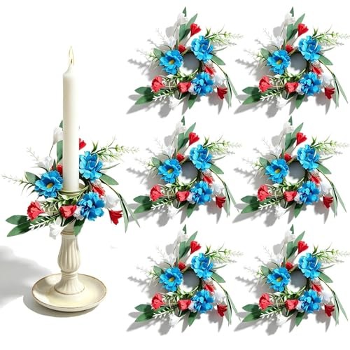 6 Pcs 1.38″ Mini Taper Candle Rings Wreaths 4th of July Small Artificial Taper