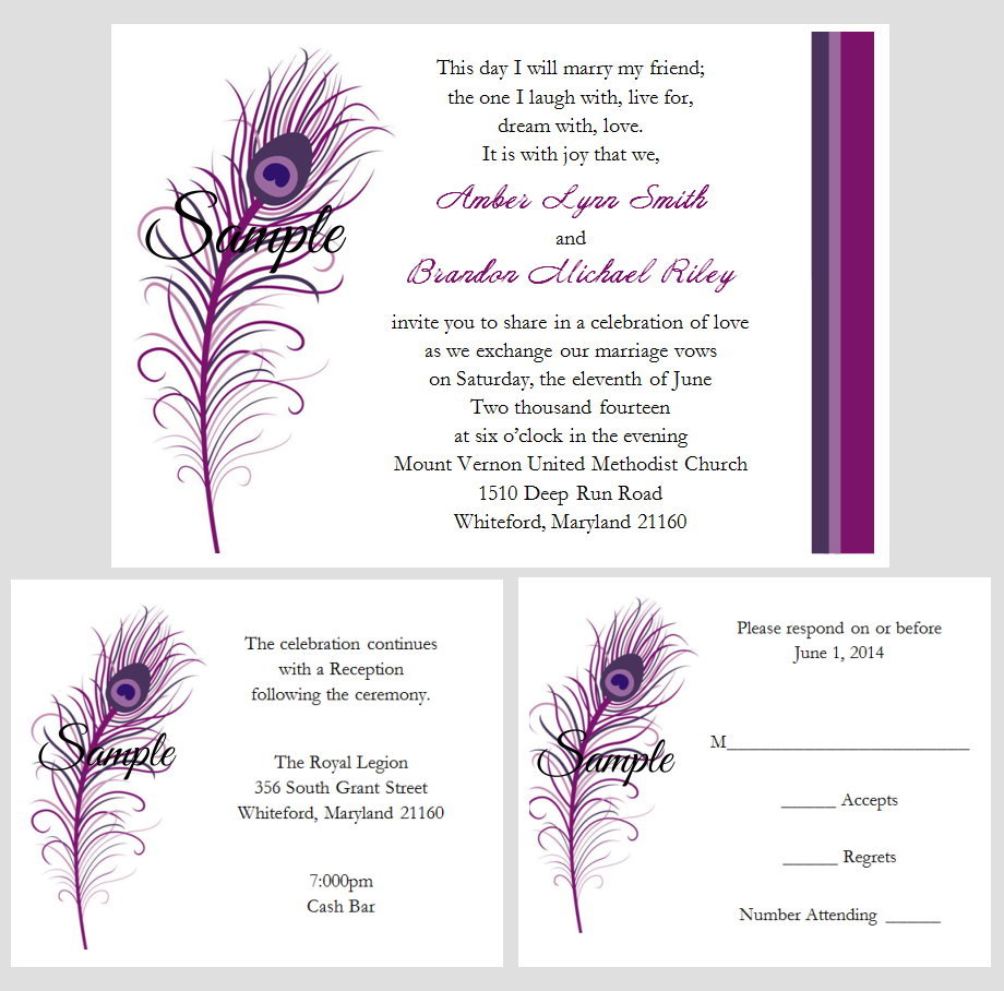 100 Personalized Custom Purple Peacock Feathers Bridal Wedding Invitations Set