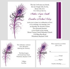 100 Personalized Custom Purple Peacock Feathers Bridal Wedding Invitations Set