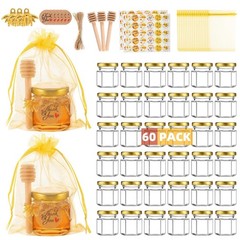 60 Mini Hexagon Glass Honey Jars with Dippers & Lids – Party Favors for Weddings