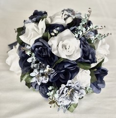 Navy & White Silk Flower Bouquet For Bride / Wedding