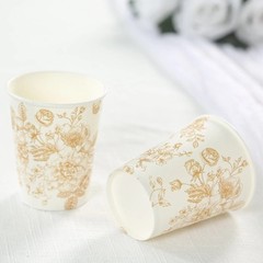 24 WHITE GOLD 9 oz Disposable PAPER CUPS French Toile Pattern Party Supplies