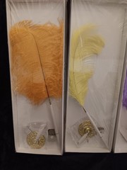 3 New Ballpoint Ostrich Feather Pen Plume Purple Yellow White Gold Stand Wedding
